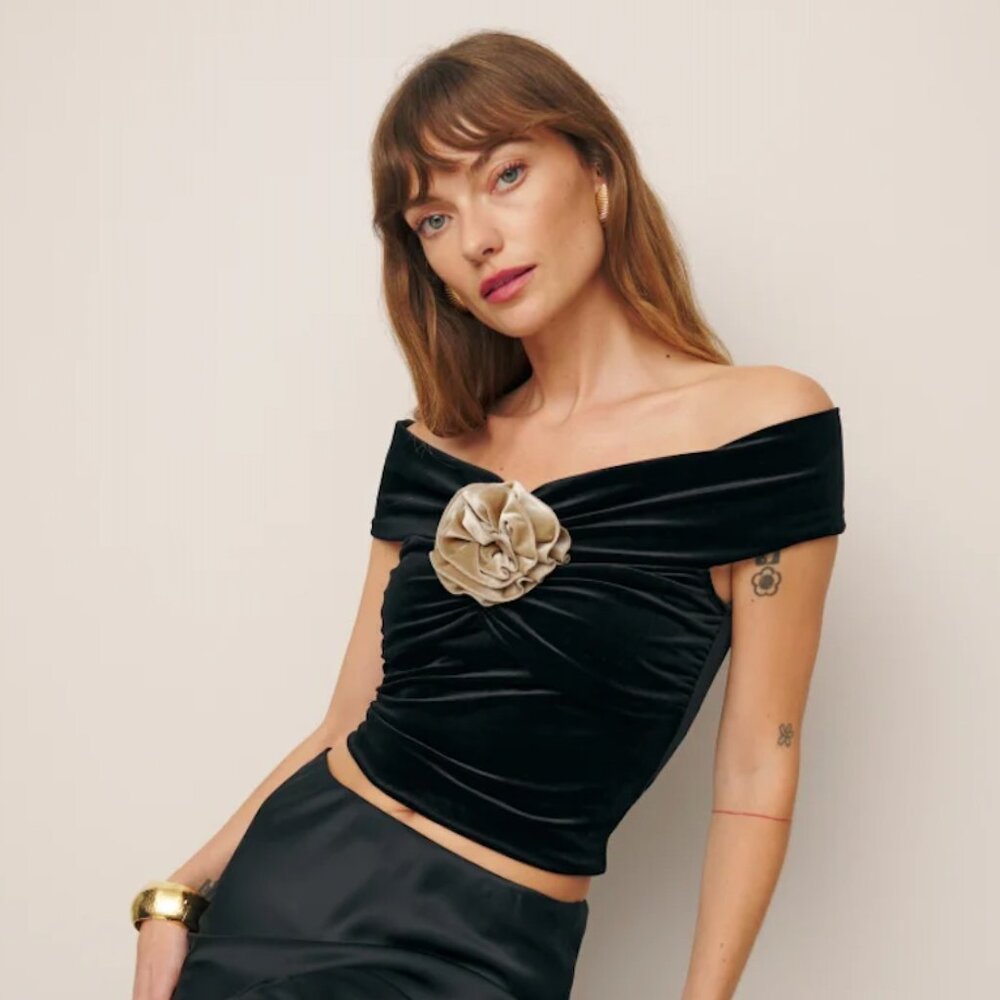 Reformation Emerald Knit Top (Black Champagne Velvet) XS